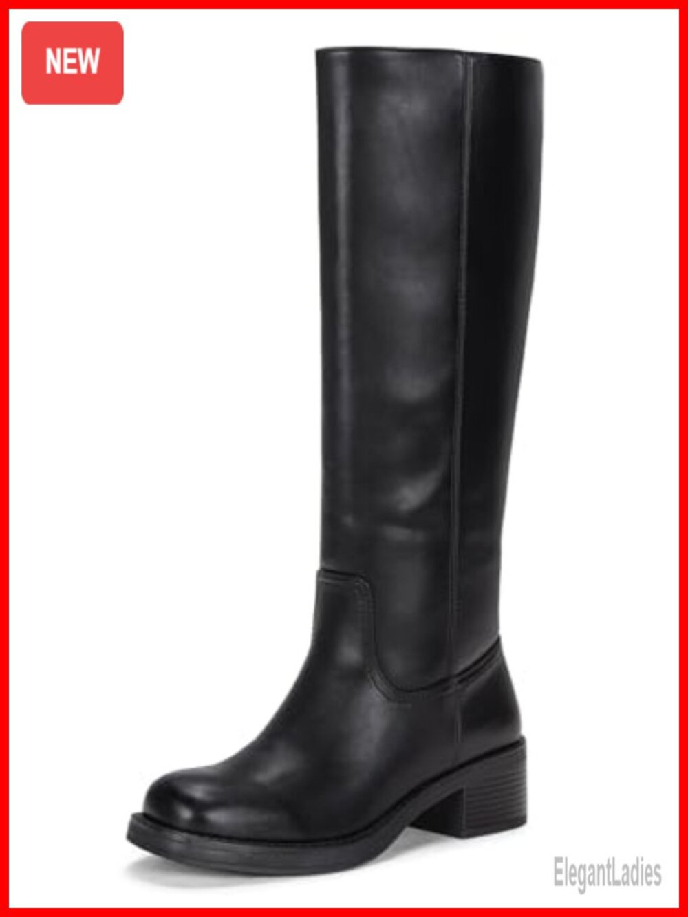 Vepose Square Toe Knee High Chunky Heel Tall Boots Faux Leather Side Zip
